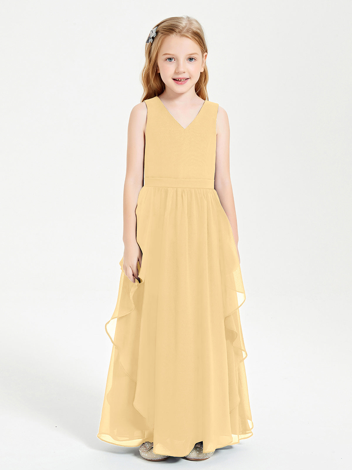 Boho Sleeveless Junior Chiffon Bridesmaids Gown Gold
